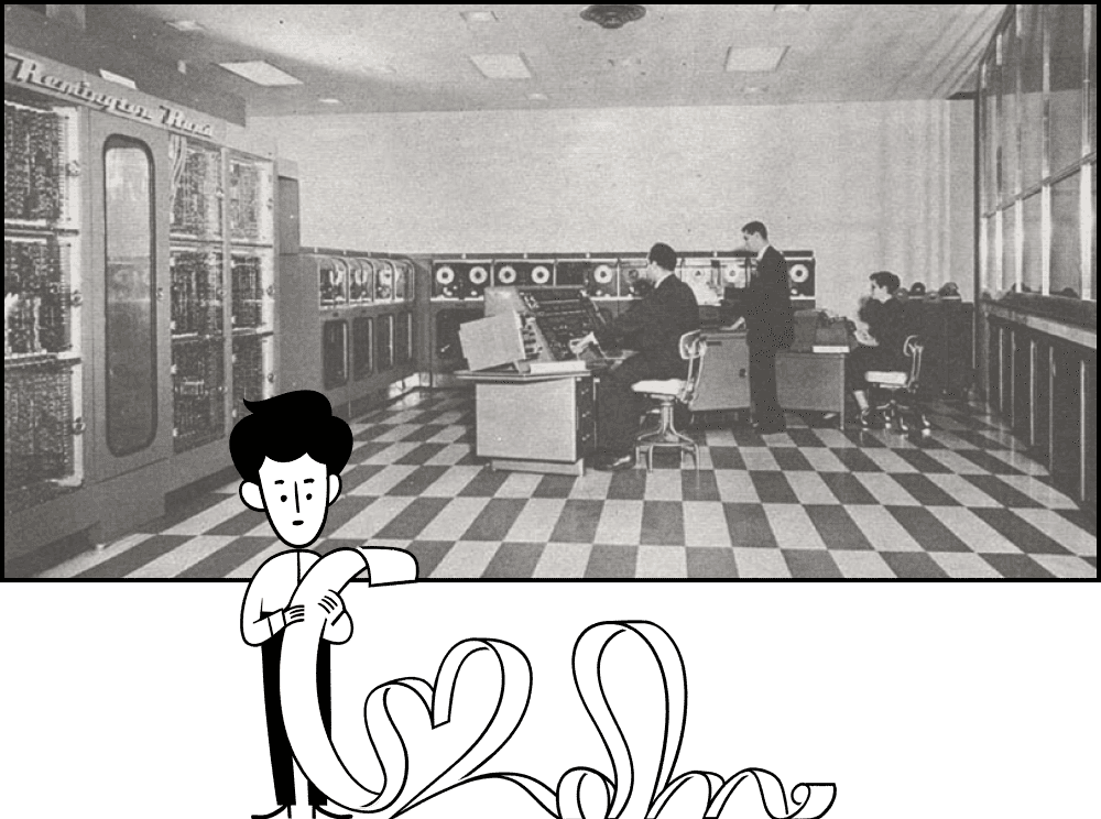 A photo of people working at a large computer in the mid 20th century