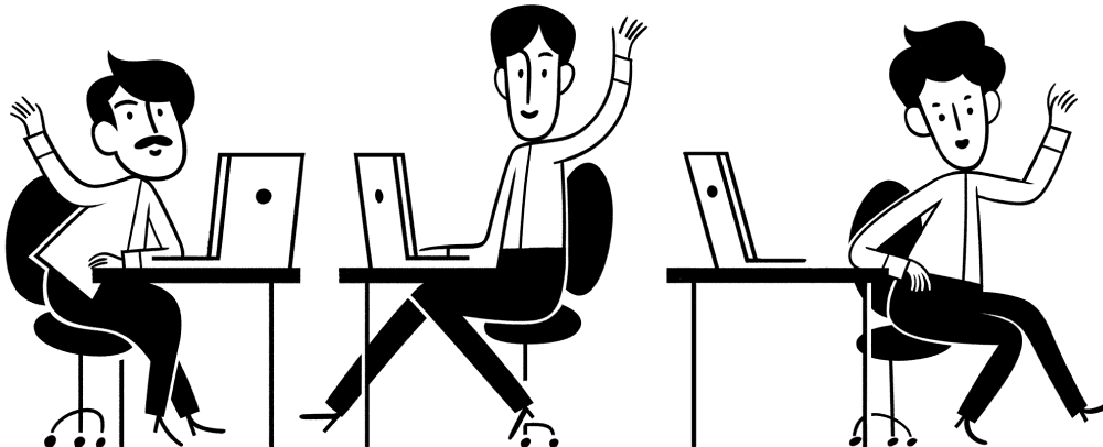 An illustration of several people working at their desks in excitement and waving