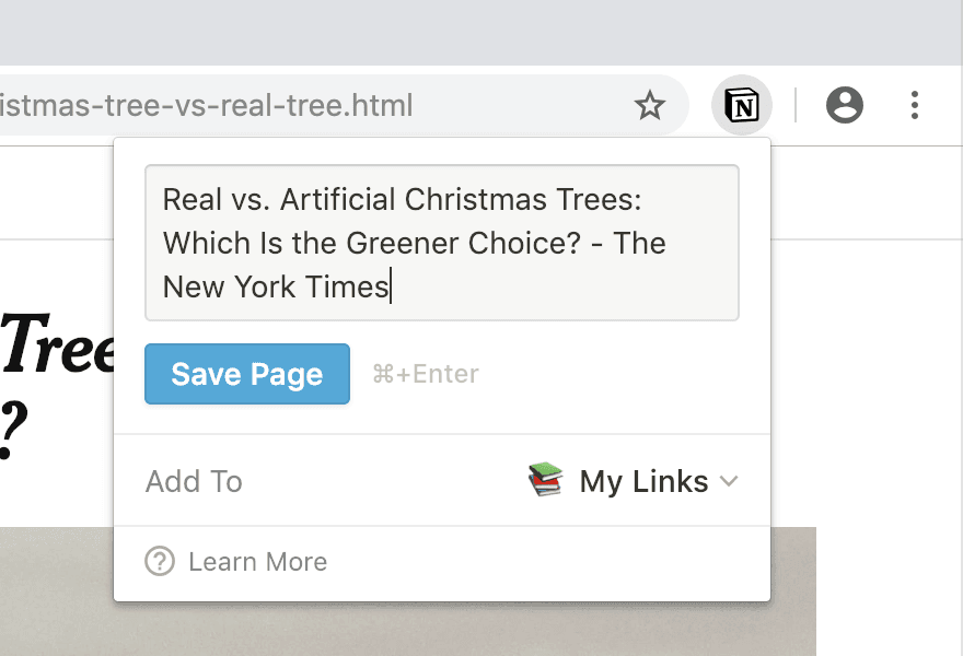 A screenshot of Notion’s Web Clipper in a browser saving a page