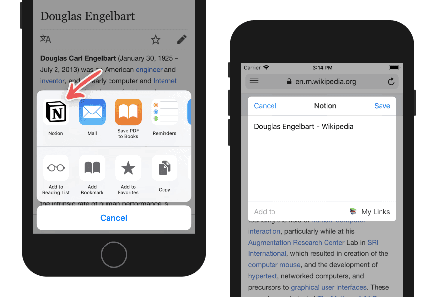 A screenshot of Notion’s Web Clipper on iOS in a share sheet saving a page