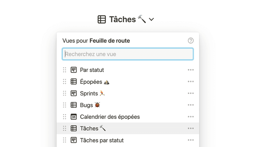 Une animation montrant différentes vues d’une base de données suivant des tâches dans une chronologie