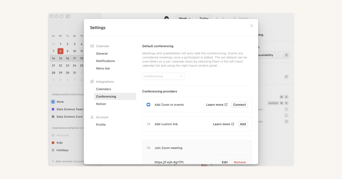 CA: integraciones de videoconferencias y API de Notion Calendar