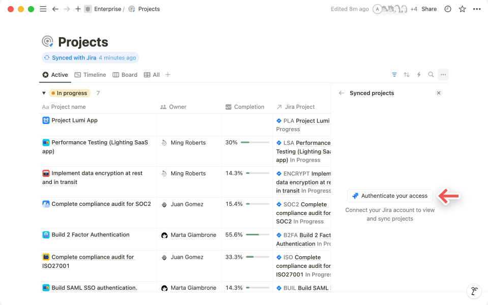 Click on “Authenticate your access” to verify your identity to bring over Jira projects to Notion