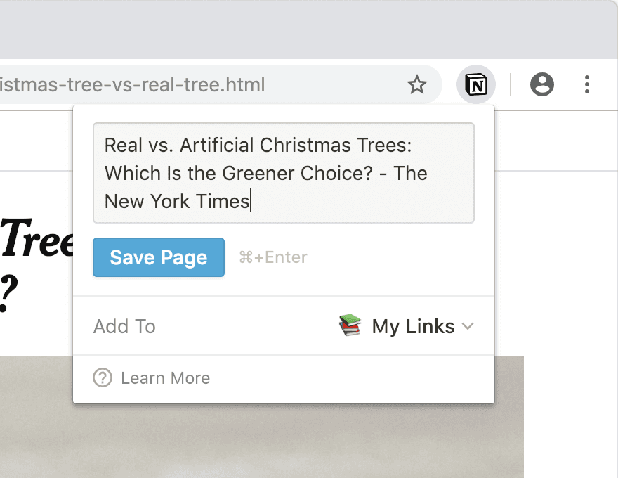 Une capture d’écran du Web Clipper enregistrant une page dans Notion