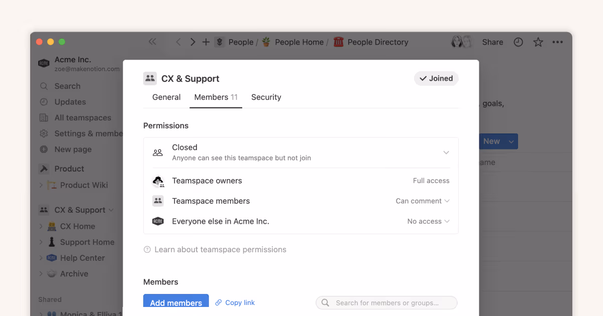 チームスペースやグループへの適切なアクセスレベルの設定
