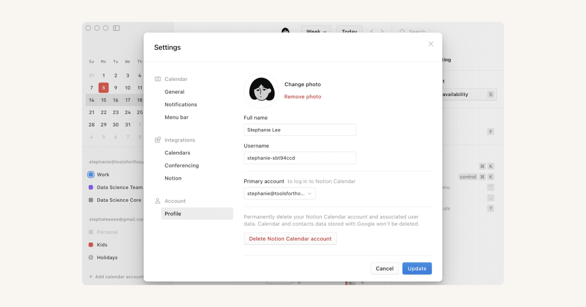 CA: Gerenciar contas do Notion Calendar e do Google