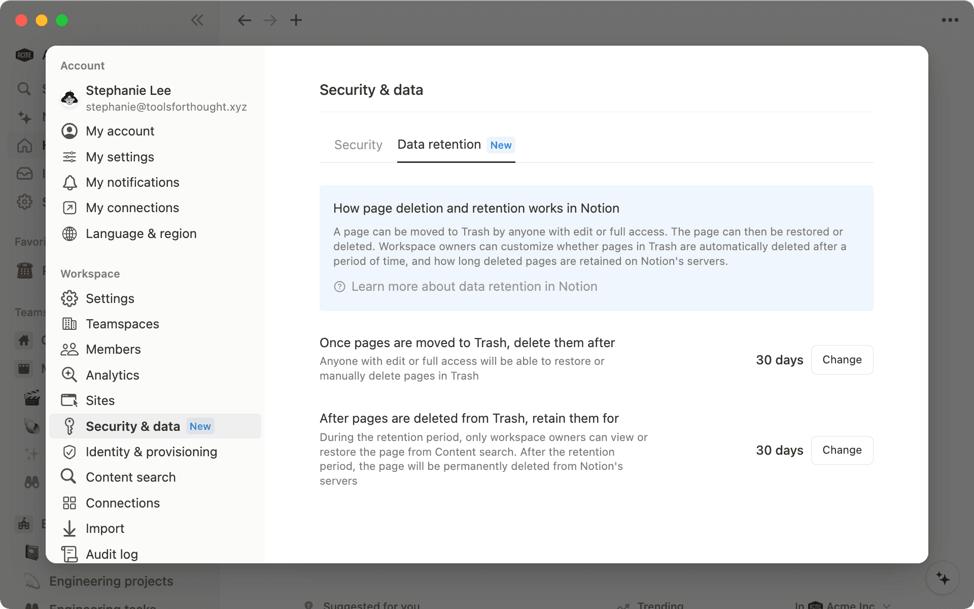 エンタープライズプランのワークスペースオーナーは、ユーザーのページをゴミ箱から削除するタイミングと、その後どのくらいの期間保持できるかを管理できます