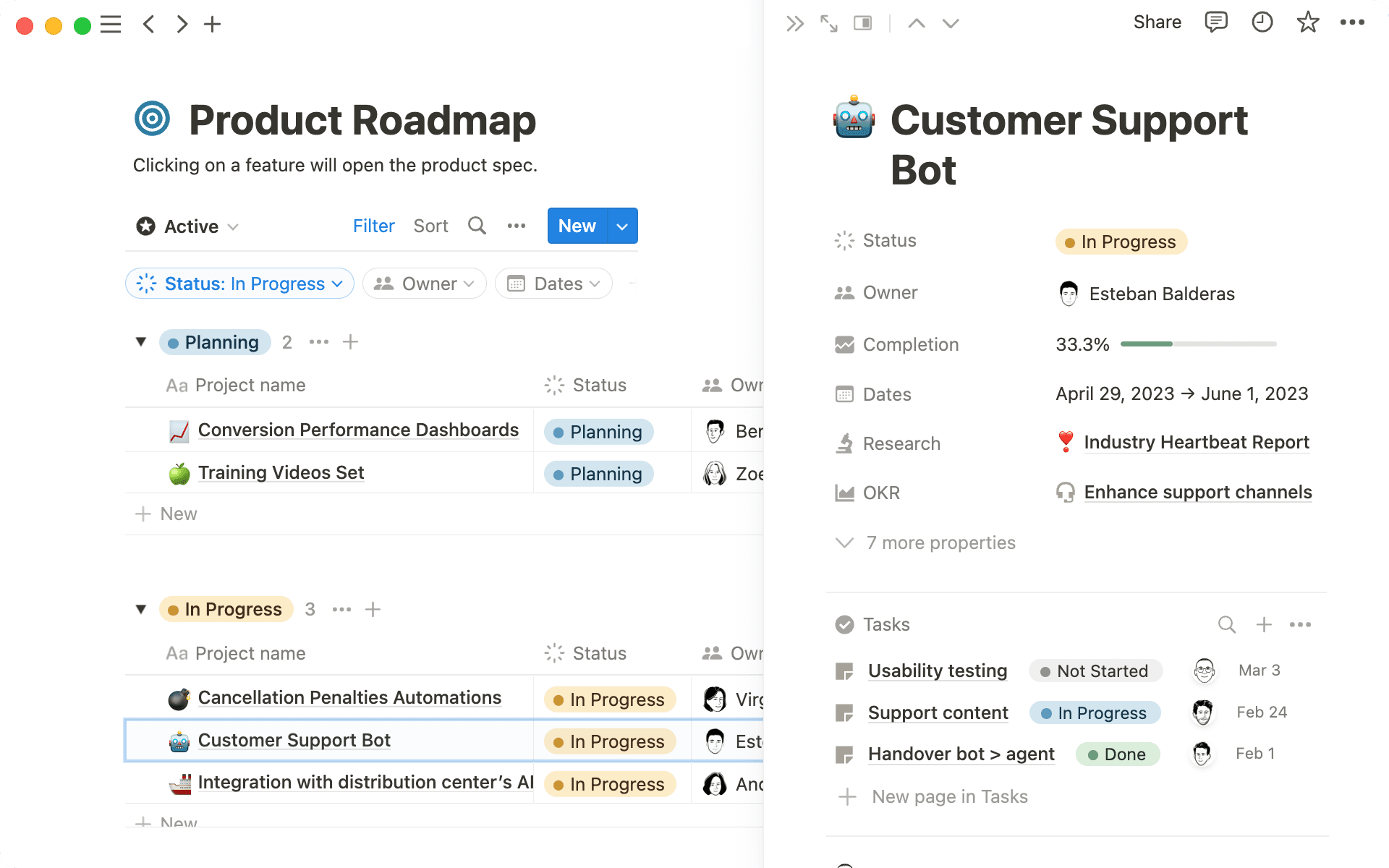 데이터베이스를 사용하여 프로젝트와 문서에 로드맵을 연결하세요.