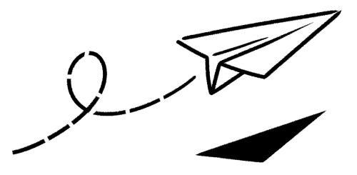 宙を舞う紙飛行機のシンプルな白黒の線画。