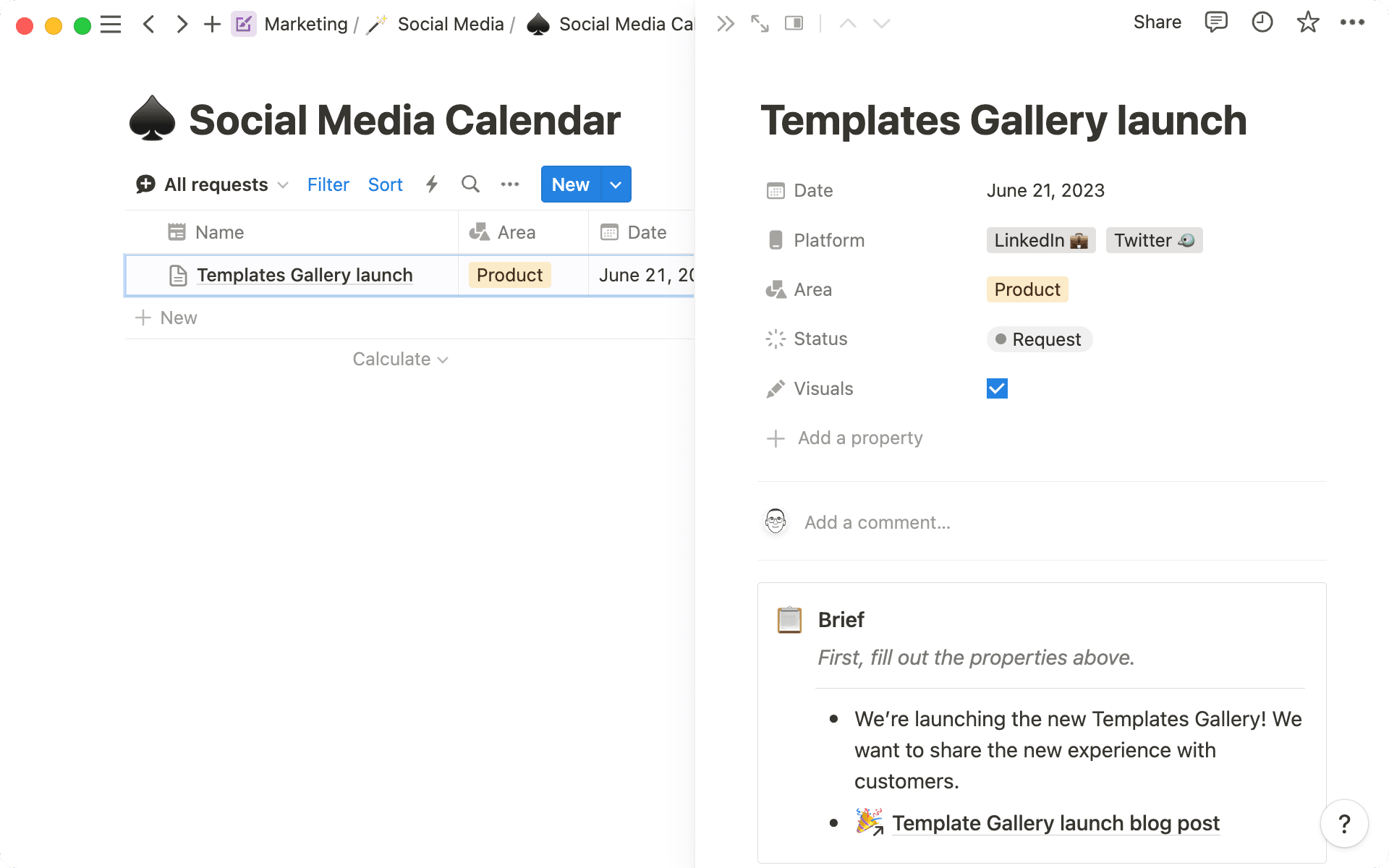 SNS 요청 시스템에서는 팀이 게시 예정인 소셜 게시물에 대한 세부 정보와 링크를 추가할 수 있습니다.