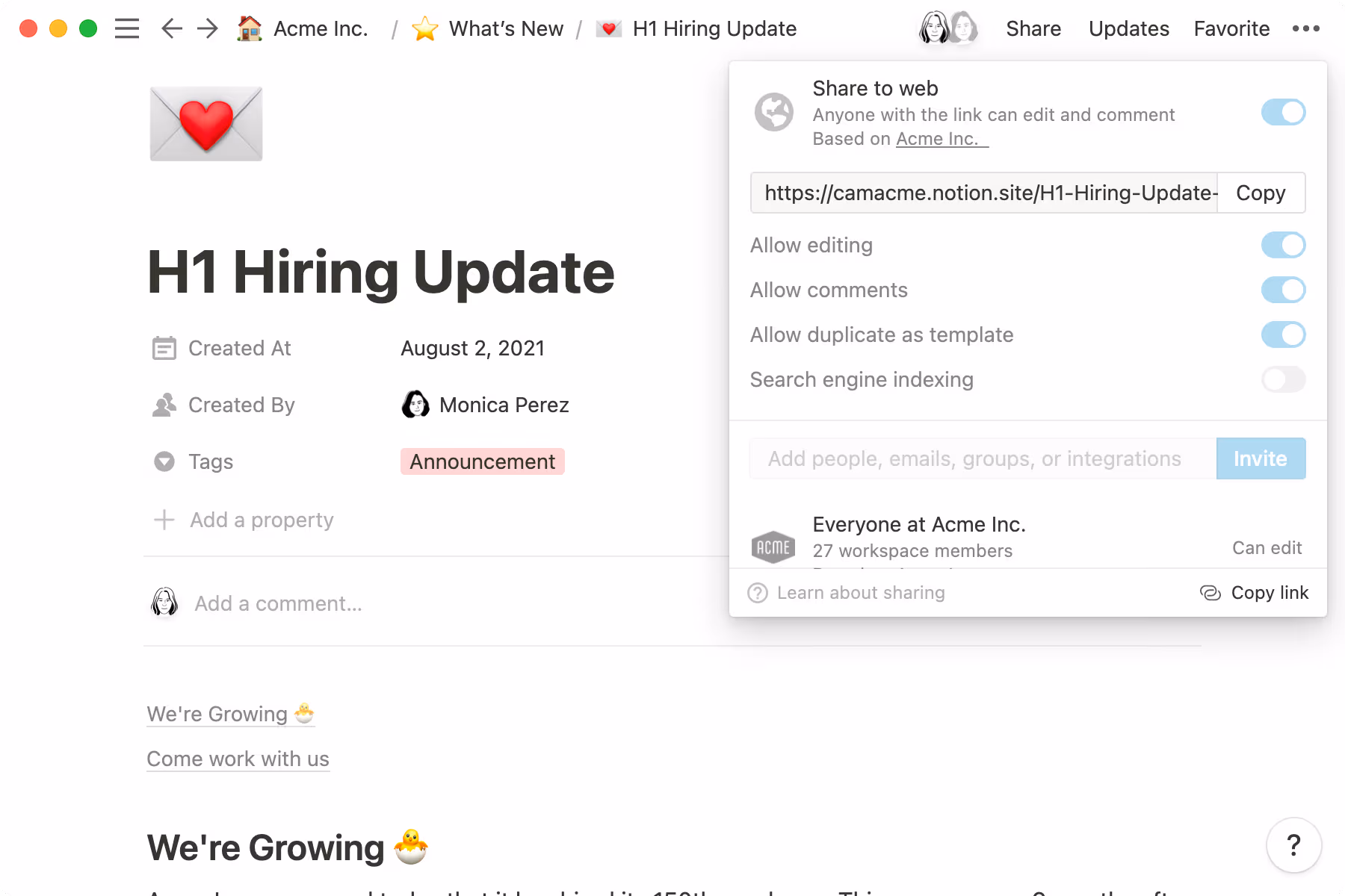 Share important pages and releases to the web to keep stakeholders in the loop.