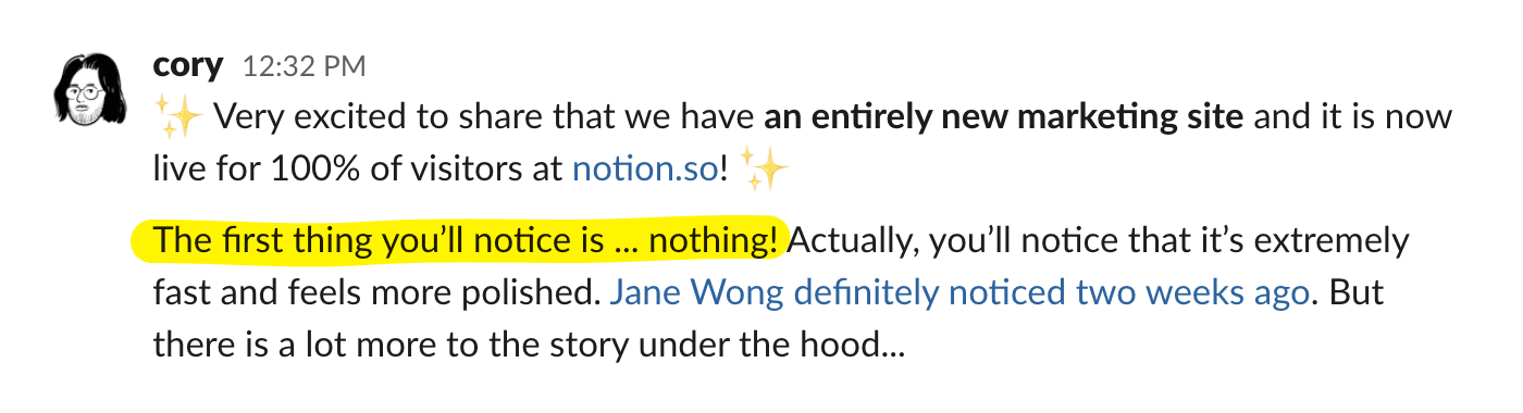 Message posted in Slack announcing static site launch.