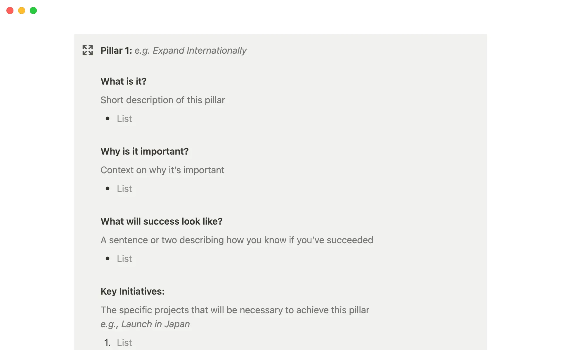 목적, 이유, 성공 지표, 주요 이니셔티브를 정의하여 각 전략의 기반을 구축하세요.
