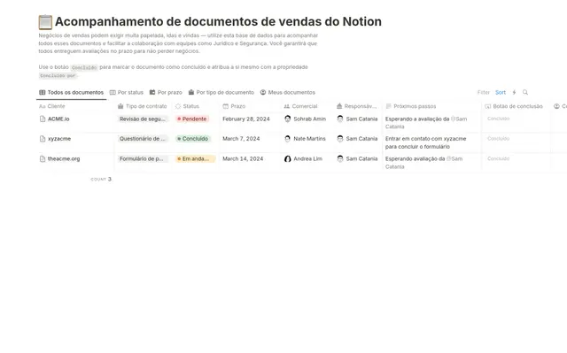 Acompanhamento de documentos de vendas do Notion