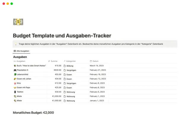 Budget Template und Ausgaben-Tracker